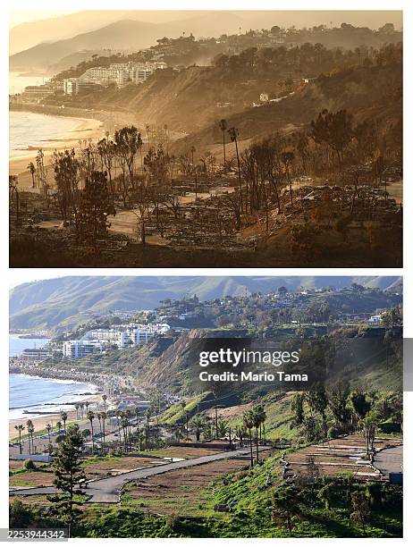 Of 2193372405- TOP IMAGE and 2253881618- BOTTOM IMAGE) In this before-and-after composite image, a comparison of images from the Palisades Fire:...