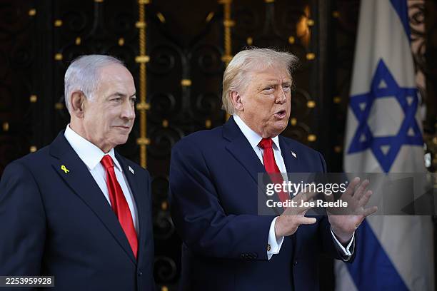 President Donald Trump welcomes Israeli Prime Minister Benjamin Netanyahu to his Mar-a-Lago club on December 29, 2025 in Palm Beach, Florida. The two...