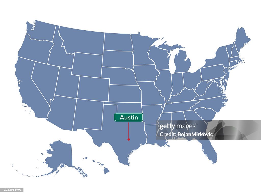 Austin marked on map, capital city of Texas. Vector