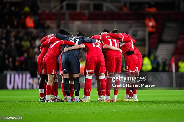 Middlesbrough team huddle prior to kick off during the Sky Bet Championship match between Middlesbrough and Hull City at Riverside Stadium on...
