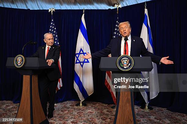 President Donald Trump holds a press conference with Israeli Prime Minister Benjamin Netanyahu at his Mar-a-Lago club on December 29, 2025 in Palm...