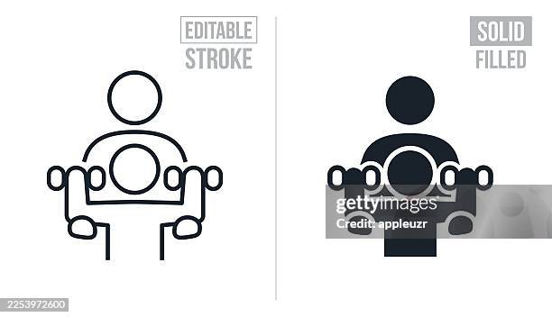 personal trainer working with a client to build strength using dumbbell weights - editable stroke and solid icons - personal trainer stock illustrations