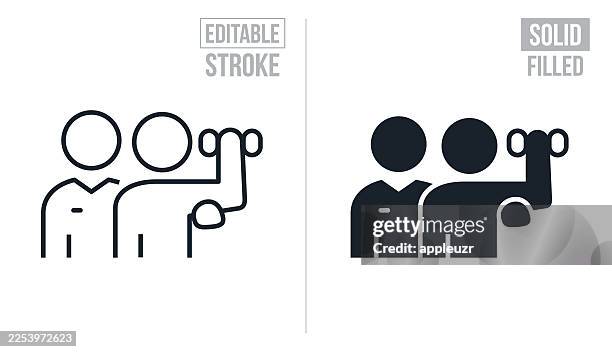 personal trainer working with a client to build strength using a dumbbell - editable stroke and solid icons - fitness instructor stock illustrations