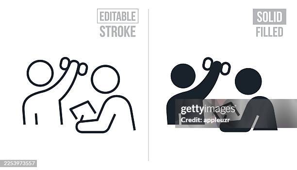 personal trainer holding a clipboard observing a clients exercise program - editable stroke and solid icons - weightlifting competition stock illustrations