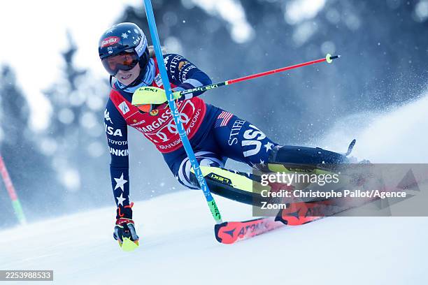 Mikaela Shiffrin of Team United States in action during the Audi FIS Alpine Ski World Cup Women's Slalom on January 4, 2026 in Kranjska Gora,...
