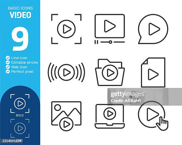 video thin line icons collection. editable stroke. vector illustration. basic icon for website design, logo, app, template, ui, infographic etc - play button vector stock illustrations