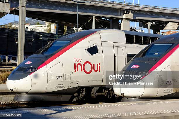 Two TGV inOui are at the platforms in the Nice-Ville station on Sunday January 4, 2026 in Nice, France. Nice enjoys a mild Mediterranean winter with...