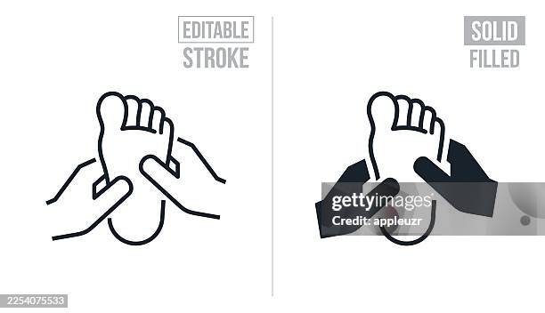 stockillustraties, clipart, cartoons en iconen met hands massaging the bottom of a foot - editable stroke and solid icons - voetzool
