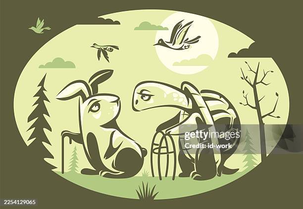senior tortoise meeting hare - turtle walking stock illustrations