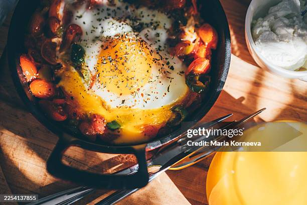 a close-up shot of a single fried egg cooked in a skillet with tomatoes and green peppers, seasoned with dried herbs. - cast iron stock pictures, royalty-free photos & images