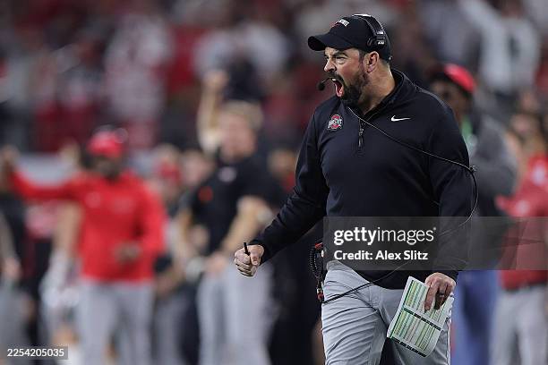 Head coach Ryan Day of the Ohio State Buckeyes reacts in the first quarter against the Miami Hurricanes during the 2025 College Football Playoff...