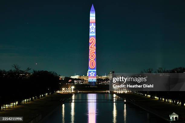 The Washington Monument is illuminated with Freedom 250 projections on December 31 in Washington, DC. As part of a New Year’s Eve celebration, each...