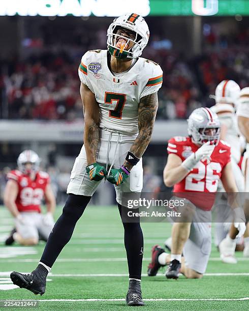 Daniels of the Miami Hurricanes reacts in the fourth quarter against the Ohio State Buckeyes during the 2025 College Football Playoff Quarterfinal at...