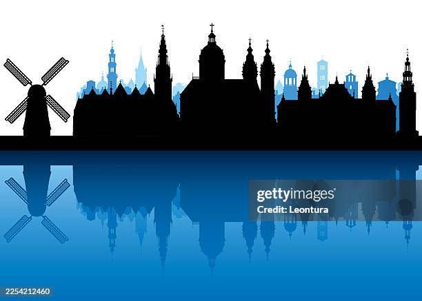 amsterdam skyline silhouette - amsterdam centraal railway station stock illustrations