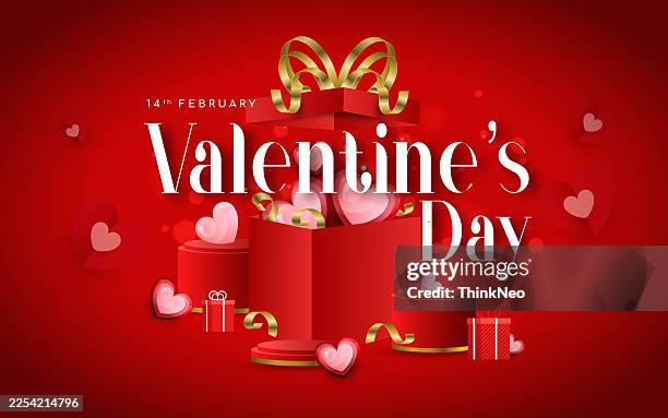 valentine's day greeting card design concept. open gift box with red heart inside and sparkling golden confetti on red background. - couple decorating stock illustrations