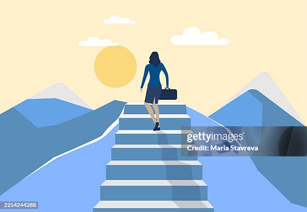 ilustraciones, imágenes clip art, dibujos animados e iconos de stock de ejemplo de mujer de negocios subiendo escaleras hacia el éxito. - ejecutiva
