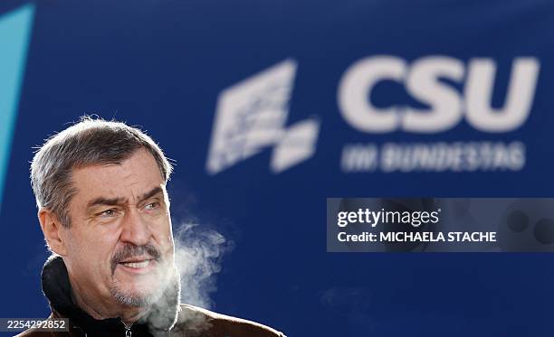 Bavaria's State Premier and leader of Bavaria's conservative Christian Social Union party Markus Soeder gives a press statement at the beginning of...
