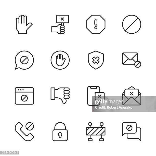 ilustrações de stock, clip art, desenhos animados e ícones de blocked line icons. editable stroke. contains such icons as blocked, stop, forbidden sign, banned, no entry, closed, banned user, rejected, spam. - proibido