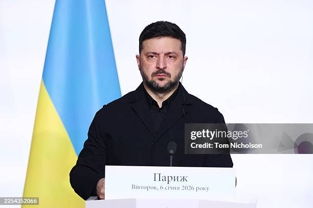 Volodymyr Zelensky President of Ukraine attends a Press Conference during the 'Coalition Of The Willing' meeting at Elysee Palace on January 6, 2026...