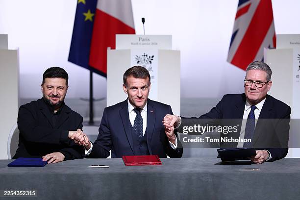 Volodymyr Zelensky President of Ukraine, Emmanuel Macron President of France and Keir Starmer Prime Minister of Great Britain sign a Declaration of...