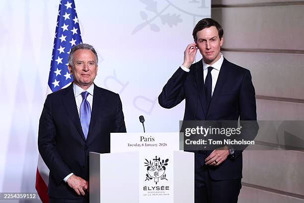 Steve Witkoff US Special Envoy and Jared Kushner attend a Press Conference during the 'Coalition Of The Willing' meeting at Elysee Palace on January...