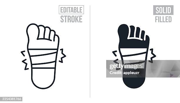 injured foot with compression wrap - editable stroke and solid icons - plantar fasciitis stock illustrations