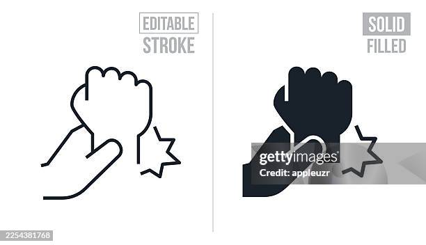 person, die ihr verletztes handgelenk mit der anderen hand hält – bearbeitbarer strich und solide symbole - gelenkrheumatismus stock-grafiken, -clipart, -cartoons und -symbole