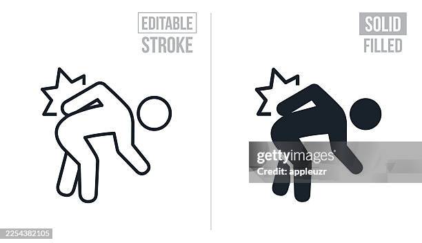person hurting his back from bending over - editable stroke and solid icons - cramp stock illustrations