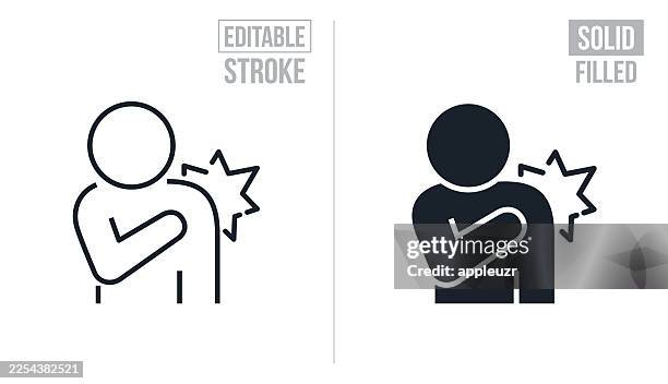 person holding shoulder in pain - editable stroke and solid icons - shoulder stock illustrations