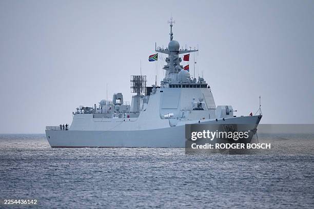 General view of the Chinese guided-missile destroyer Tangshan moored in False Bay, close to Simon's Town, near Cape Town, on January 6, 2026. The...