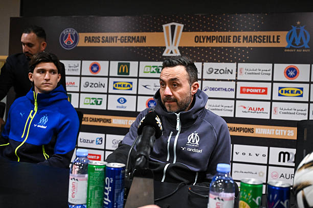 Leonardo BALERDI of Olympique de Marseille and Roberto DE ZERBI Head Coach of Olympique de Marseille during the training session and Press Conference...