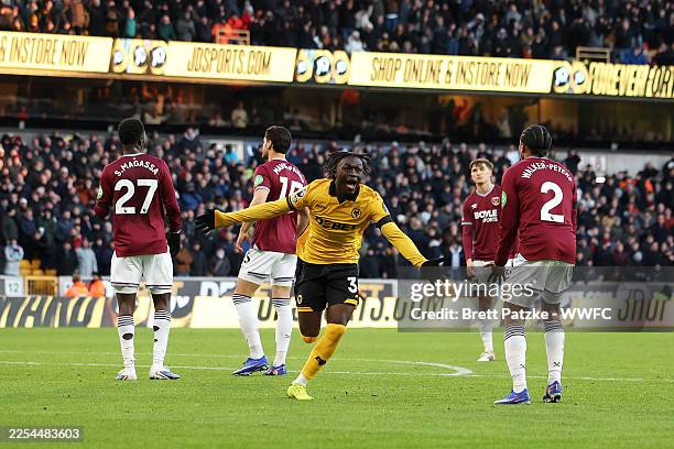 Mateus Mane of Wolverhampton Wanderers celebrates scoring his team's third goal during the Premier League match between Wolverhampton Wanderers and...