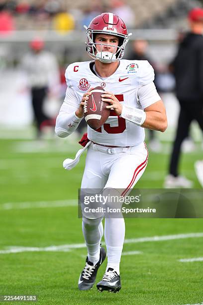 Ty Simpson of the Alabama Crimson Tide warms up before the Alabama Crimson Tide versus Indiana Hoosiers College Football Playoff Quarterfinal at the...