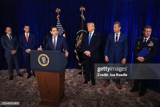 Secretary of State Marco Rubio speaks during a press conference as Homeland Security Advisor Stephen Miller, CIA Director John Ratcliffe, U.S....