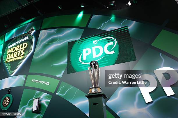 The Sid Waddell trophy on display ahead of the 2025/26 Paddy Power World Darts Championship Final match between Luke Littler and Gian van Veen at...