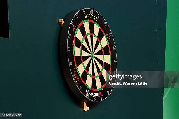 Detailed view of the match board after it gets a spot of blood on it during the 2025/26 Paddy Power World Darts Championship Final match between Luke...