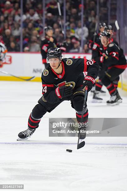 Dylan Cozens of the Ottawa Senators skates against the Washington Capitals on January 1, 2026 at Canadian Tire Centre in Ottawa, Ontario, Canada.