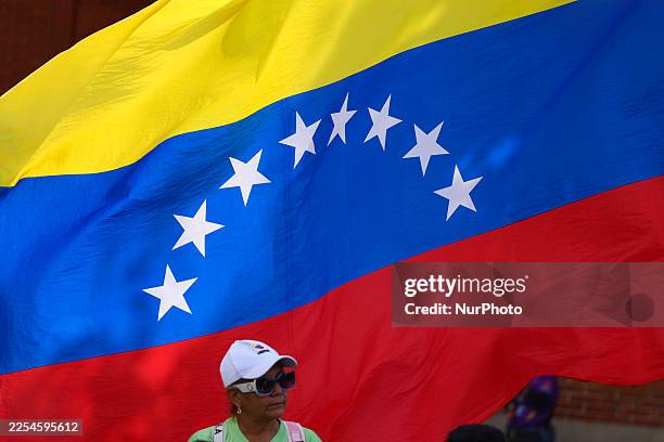 Woman waits in front of a Venezuelan flag during a rally organized by the ruling party calling for the release of President Nicolas Maduro and his...