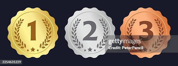 stockillustraties, clipart, cartoons en iconen met gold silver bronze numbered medals on dark background, vector illustration - derde plaats