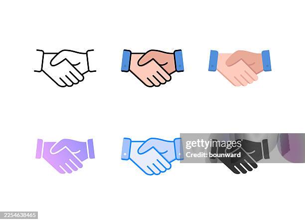 illustrations, cliparts, dessins animés et icônes de icône poignée de main. 6 styles différents. trait modifiable. - se saluer