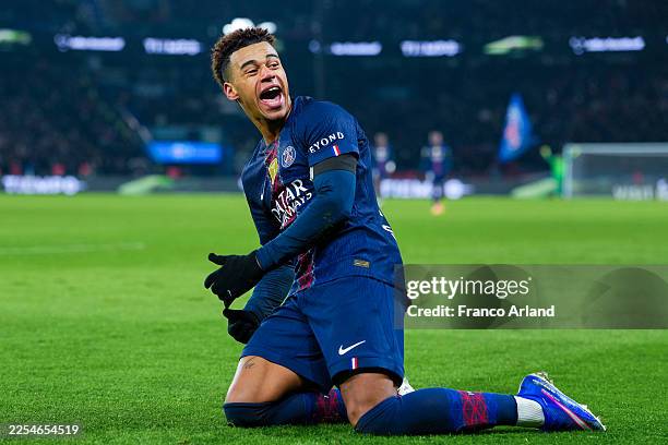 Desire Doue of PSG celebrates after scoring his team's first goal during the Ligue 1 McDonald's match between Paris Saint-Germain FC and Paris FC at...
