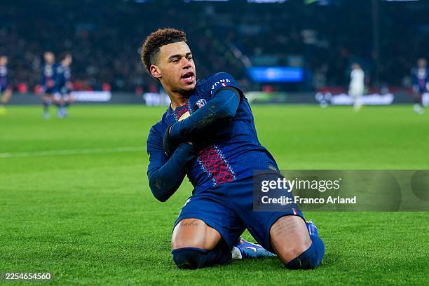 Desire Doue of PSG celebrates after scoring his team's first goal during the Ligue 1 McDonald's match between Paris Saint-Germain FC and Paris FC at...