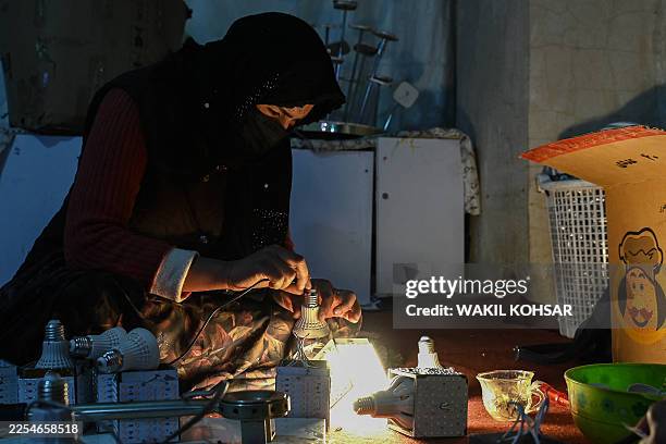 An Afghan woman makes LED bulbs at a workshop in Herat on January 8, 2026.