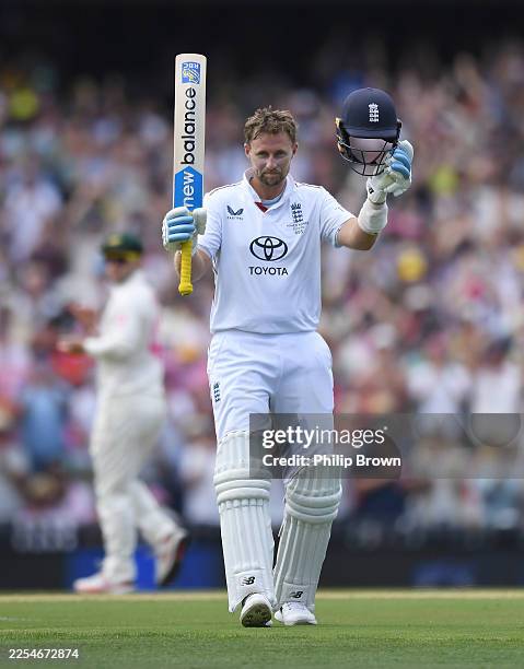Joe Root of England celebrates reaching his century during day two of the Fifth Test in the 2025/26 Ashes Series between Australia and England at...