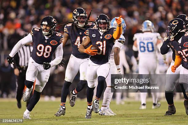 Kevin Byard III of the Chicago Bears celebrates after an interception in the fourth quarter against the Detroit Lions at Soldier Field on January 04,...