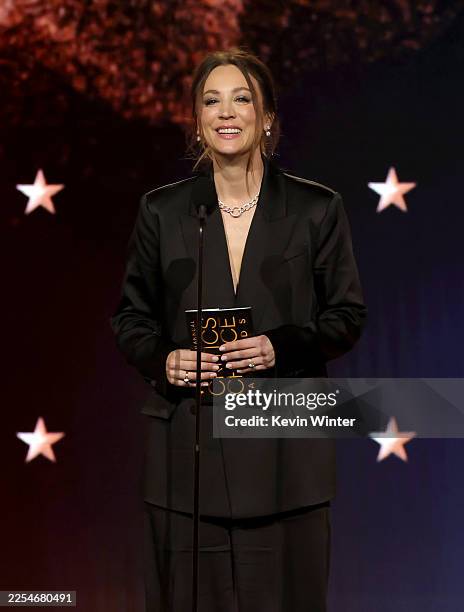 Kaley Cuoco speaks onstage during the 31st Annual Critics Choice Awards at Barker Hangar on January 04, 2026 in Santa Monica, California.