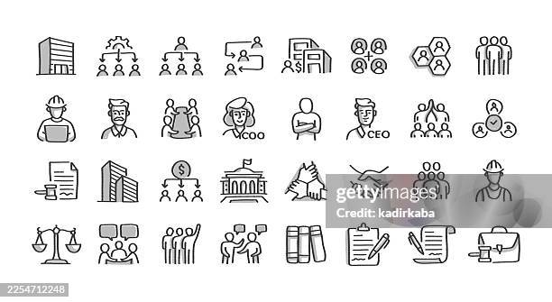 hand drawn corporate structure line icon set · 32 icons - couple pool stock illustrations