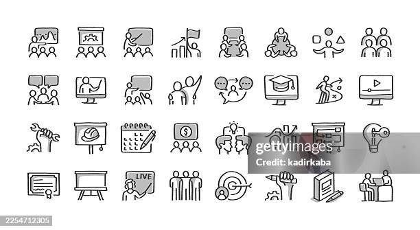 hand drawn corporate training line icon set · 32 icons - training icon stock illustrations