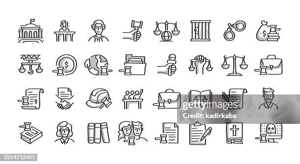 hand drawn court line icon set · 32 icons - international law stock illustrations