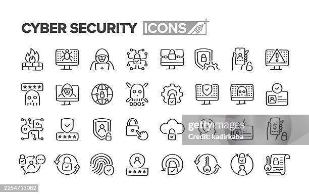 hand drawn cyber security line icon set · 32 icons - cloud security stock illustrations
